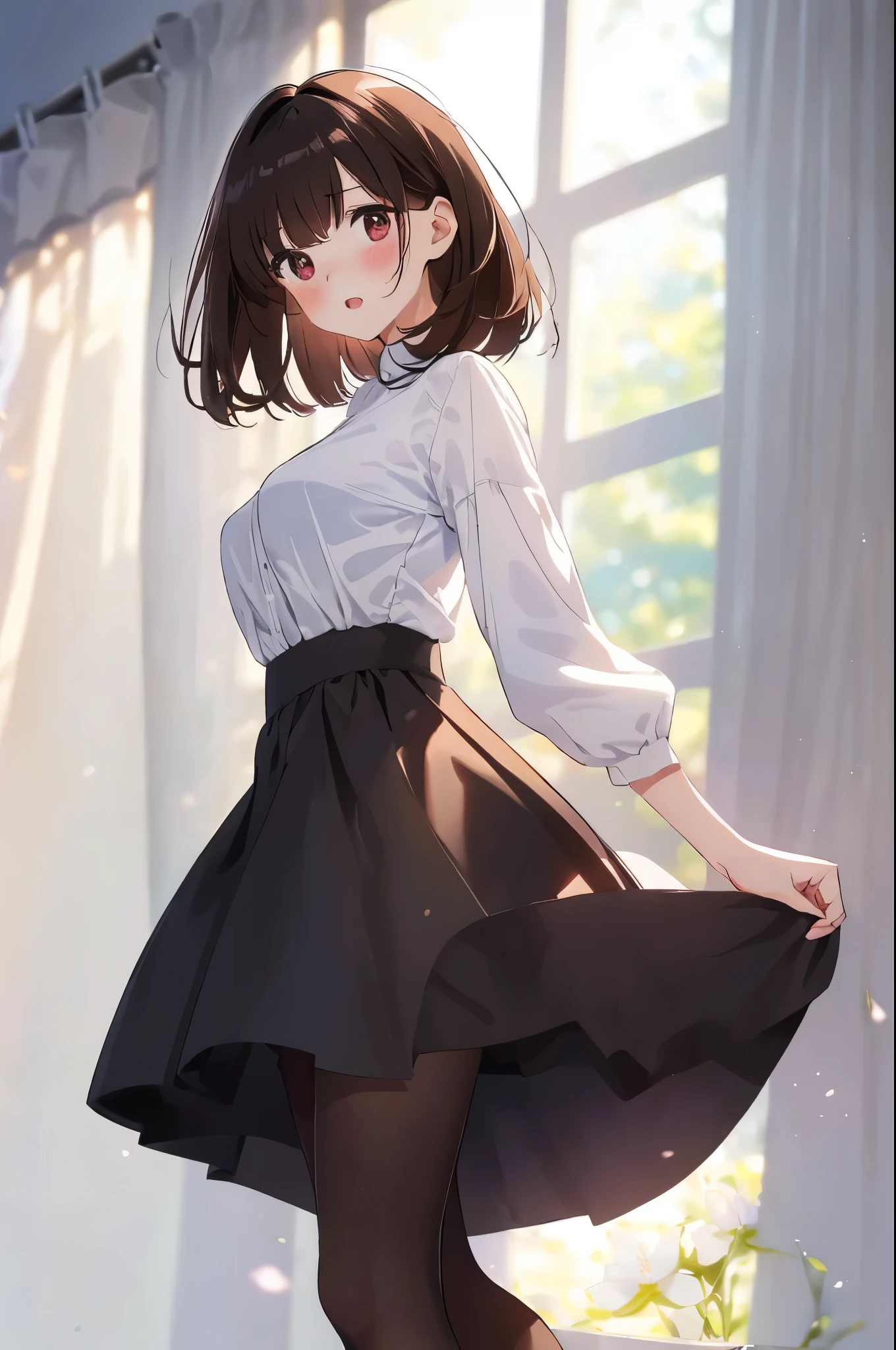 best quality, masterpiece, (solo:1.2), (1 Female:1.2)、Age 25、Larger breasts、(Slender figure)、From the side、(office lady)、sheer white blouse、Black Skirt、tights、(White highlight in pupil:1.2)、Dark reddish brown eyes、(Black-haired:1.2)、(Medium Hair)、(View your viewers:1.2)、White skin、(blush)、(Embarrassed expression)、(I blur the background a lot to make the woman stand out.:1.3)、(The sunlight shines in)、Half backlight、Beautiful flowers in the background
