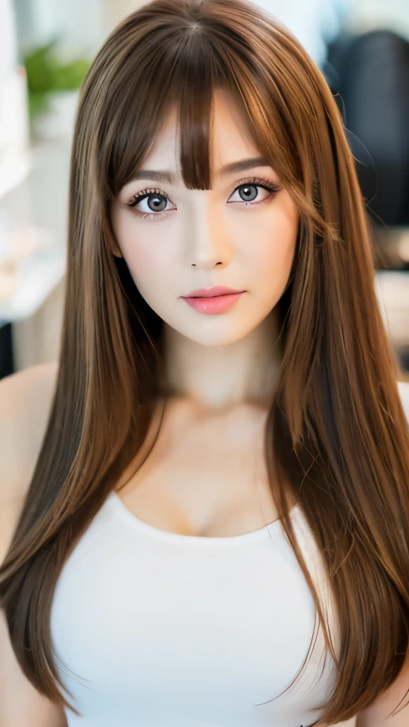 Best quality, 8k, ,Masterpiece :1.3)), facing viewer,((full body1.2)) ,pretty woman, wide shot ,1girl, , selfie , , Hair salon, brown hair , bangs,ultra-detailed face, highly detailed lips, detailed eyes, double eyelid