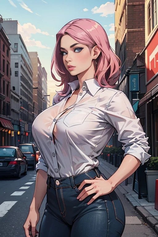 1girl,hips up,pink hair,blue eyes,skinny jeans,white shirt,city background,beautiful detailed eyes,beautiful detailed lips,extremely detailed eyes and face,long eyelashes,realistic,photorealistic,photo-realistic:1.37,best quality,4k,8k,highres,masterpiece:1.2,ultra-detailed,HDR,UHD,studio lighting,ultra-fine painting,sharp focus,physically-based rendering,extreme detail description,professional,vivid colors,bokeh,cityscape,urban environment,skyscraper,modern architecture,street,sidewalk,traffic,cloudy sky