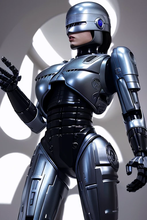 ((best quality)), ((masterpiece)), (detailed),40-year-old Japanese woman transforms into Robocop、Long black hair、Antenna-shaped mechanical ears、Blue Eyes、Silver metallic body、Big Tits、Large Breasts、Glamour、Expressionless、Robot Joints、robot pose、Sex parts attached to the lower abdomen、You can see the mechanical skeleton and wiring inside the body.、You can see the internal parts、Background is the research institute、Emphasis on emotionless robots、Sex Robots、Sex Robot