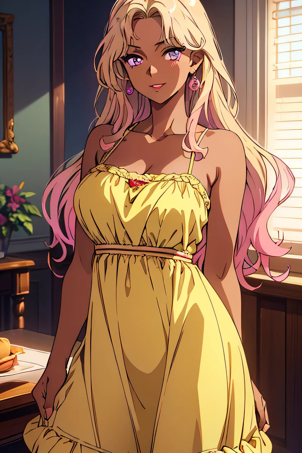 Highest quality, masterpiece, beautifully detailed eyes, (dark skin), blonde wavy hair, (gradient hair, pink highlights in hai)r, big perky breasts, purple eyes, standing, makeup, glossy lips, full lips, (natural lighting), in room, night, cute  sundress, ((yellow sundress)), seductive smile, collarbone, flashing tits, shirtsqueeze