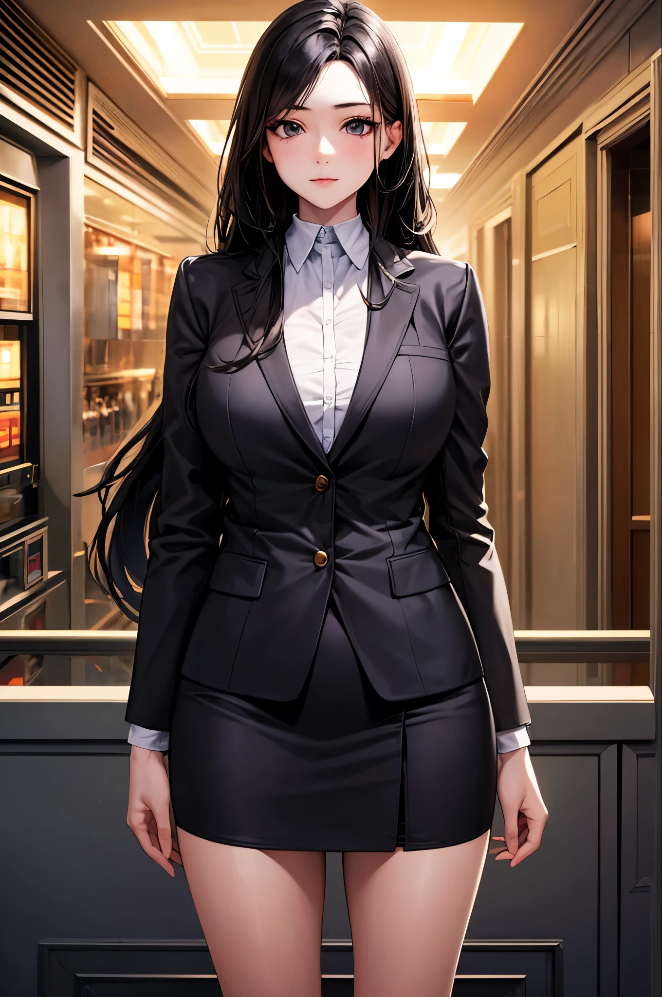 A young woman aged 25: 1.3, Long Hair: 1.2, Professional Skirt: 1.2, Daytime: 1.2, Four Corners: 1.2, Cinema Lighting, Surrealism, Ultra-high resolution, Accurate, Super detailed, Textured skin, High detail, highest quality, 8k