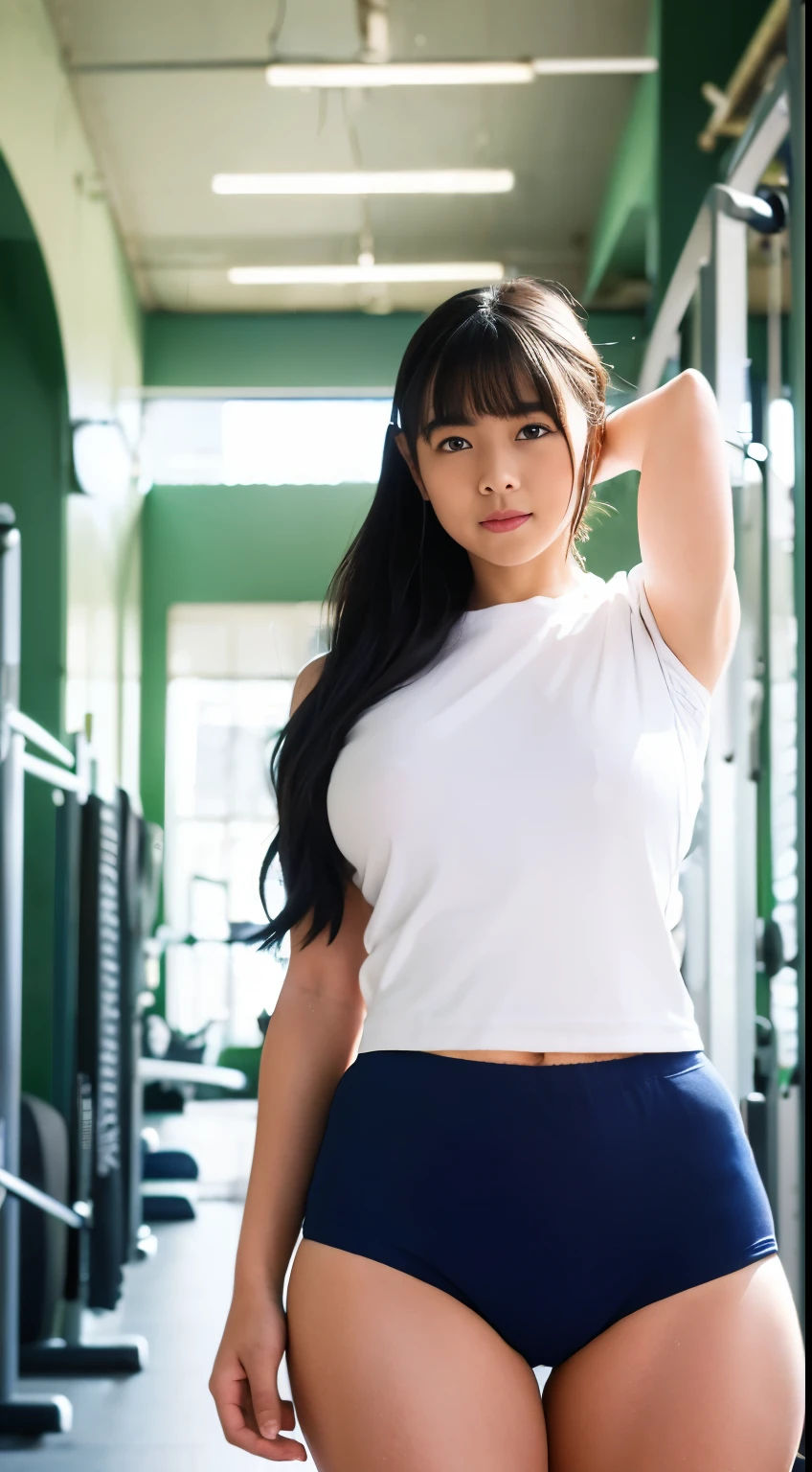 Head to knee portrait、alone、high school girl、Natural body shape、White skin、Natural Makeup、Black Hair、bangs、Straight Long Hair、((School-designated gym clothes))、((White gym clothes on upper body、Long hem))、(((S size navy blue tight bloomers)))、((Low-rise bloomers))、(((Tuck the bottom of your gym clothes into your bloomers)))、(Big Breasts)、((No bra))、((White gym clothes on upper bodyを着ています))、Looking into the camera、Focus on the crotch、((Perfect Style))、(((School corridor)))