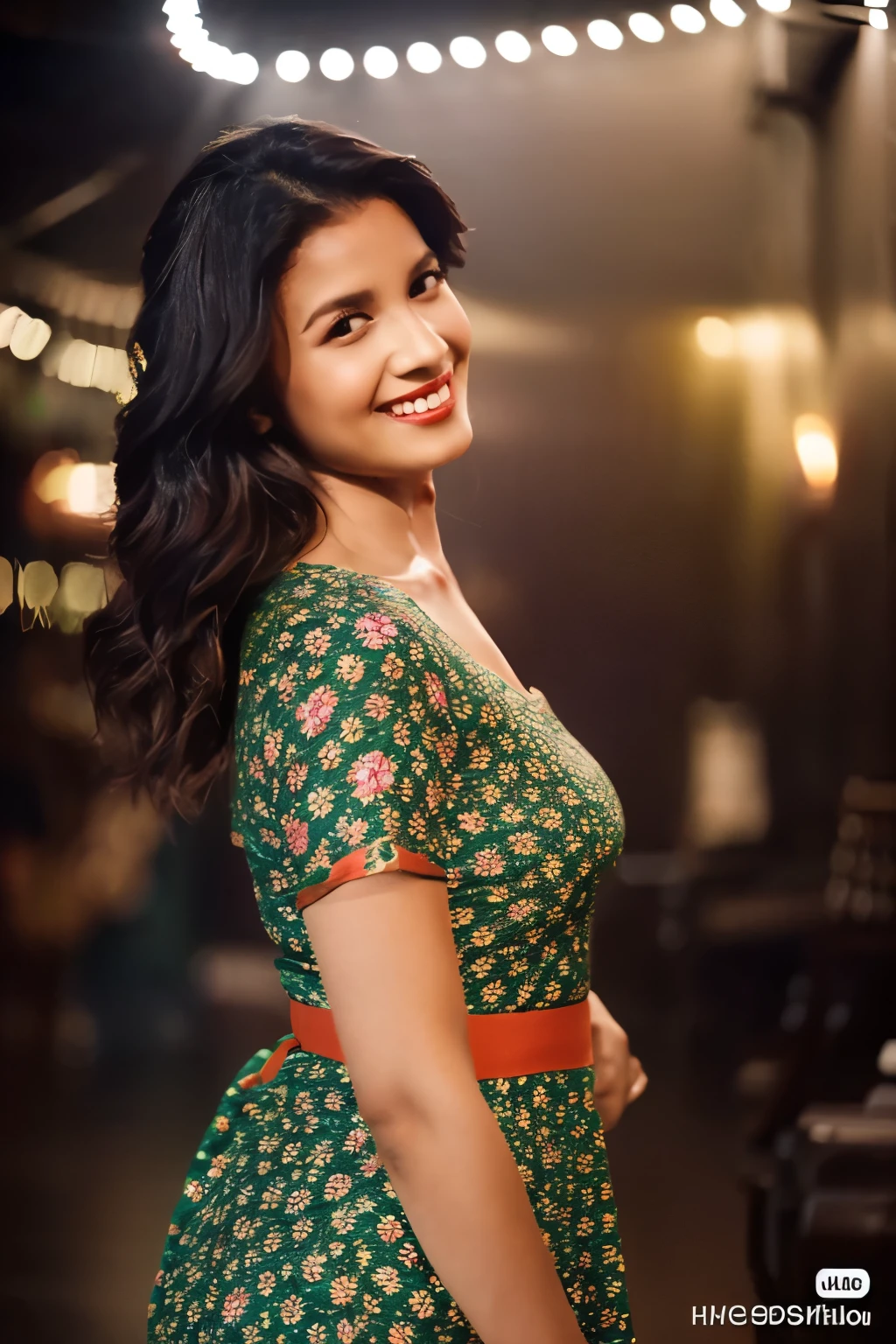 In this photograph, a confident Indian Instagram model in her mid-30s stands out, her radiant smile highlighting her natural curves and beautiful dark brown skin. She’s wearing a short, fit & flare dress with a sweetheart neckline and vibrant floral prints, captured mid-dance in a moody, intimate night club setting. Shot in exquisite detail by Lee Jeffries with a Nikon D850, the image features rich, lifelike colors and dramatic lighting. Utilizing advanced 8K resolution through Cinema 4D and Octane Render, the photo achieves a hyper-realistic, lifelike texture. Studio lighting, HDR, and a smoky mist enhance the captivating ambiance, while the bokeh effect adds an artistic touch to this candid and enchanting shot