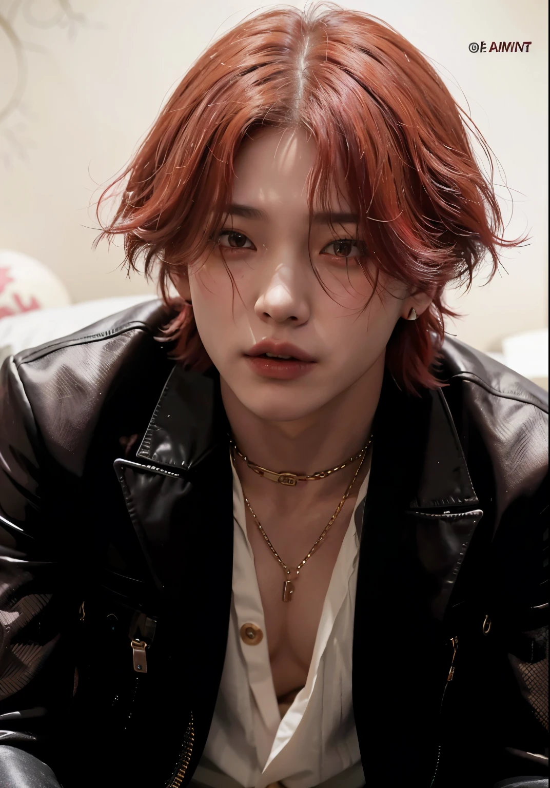 Araped man sitting with red hair wearing black jacket, jimin, Jaehyun Jeong, Parque jimin, Kai Xukun, jimin\My right eyelid is swollen, jimin\plump lips, jimin\greek nose, Cara precisa de jimin, Stephen Chung, Hyuntae, Taejun Kim, With red hair, Portrait of Blackpink Josh