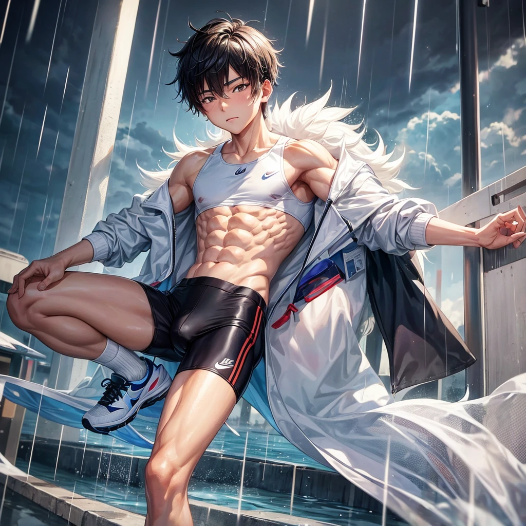 A Chinese boy is wearing white and Nike socks, showing his eight-pack abs. The rain soaked his. Don't draw three more legs for me.