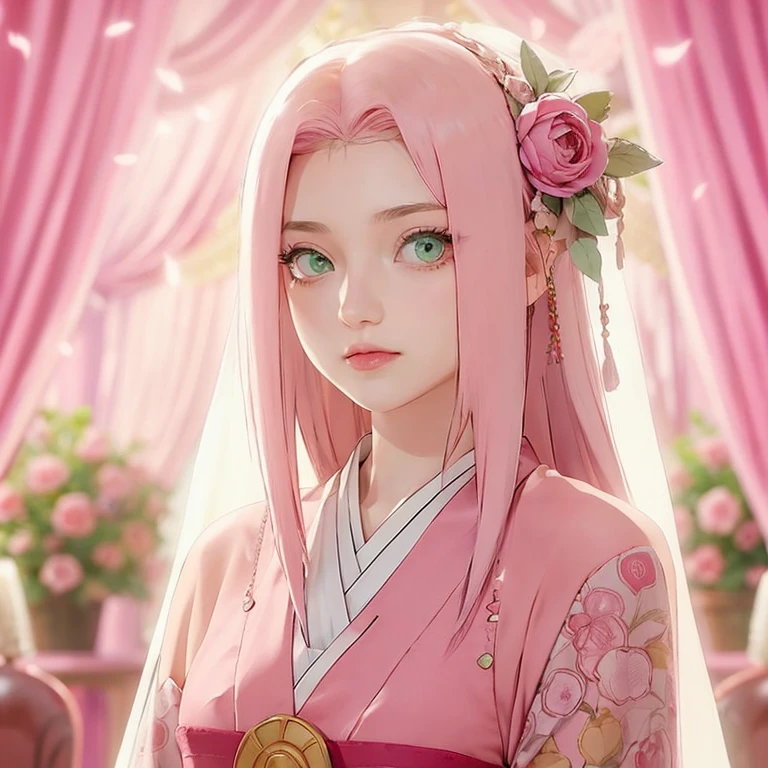 young woman, short shoulder-length pink hair, wide forehead, porcelain skin, pink eyebrows, big emerald green eyes, buttoned nose, full lips, heart-shaped face, slender body, small breasts, red tank top, Sakura Haruno , realistic, realism, details, 3d, well detailed