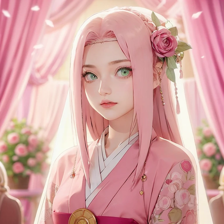 young woman, short shoulder-length pink hair, wide forehead, porcelain skin, pink eyebrows, big emerald green eyes, buttoned nose, full lips, heart-shaped face, slender body, small breasts, red tank top, Sakura Haruno , realistic, realism, details, 3d, well detailed
