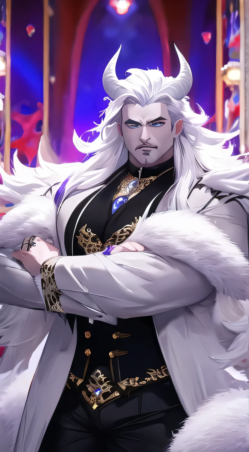 masterpiece, highest quality, ethereal,1guy, solo, devil,  two-toned black and white hair, venom eyes, porcelain skin, long hair, wearing white fur coat animal print, black tight pants, luxury red room, jewelry, depth of field, cinematic lighting, muscular,  colored lights purple , vampire 