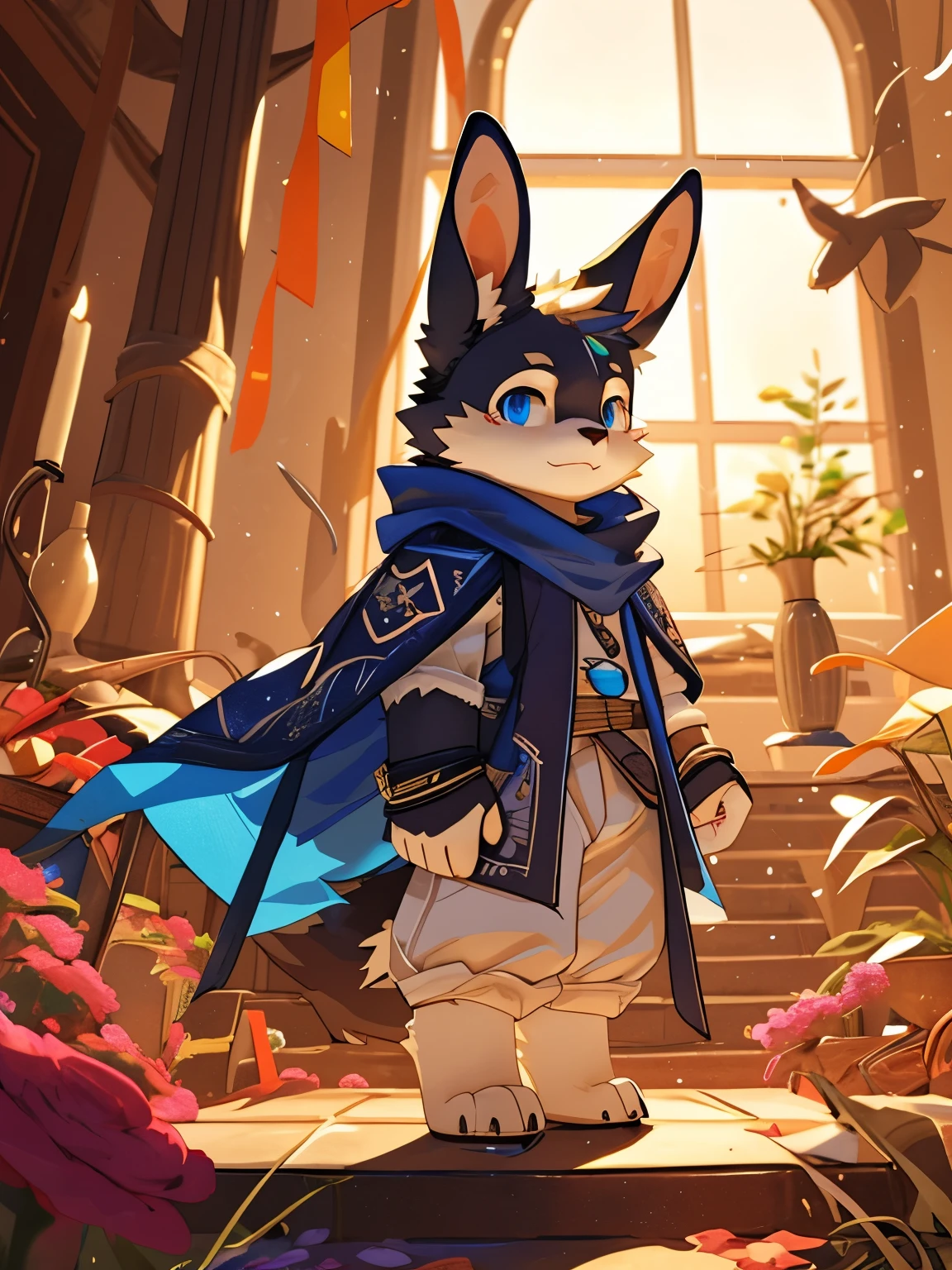 nj5furry，kemono，full-length portrait，anthro，hi res，juvenile，male，White Cape，Gold texture，rabbit，Fluffy hair，White plush paw，Blue eyes，Delicate eyes，Detailed eyes，Extremely high detail，8K HD characters，optimism，(particle, Scattered letters, sunlight): 1.3