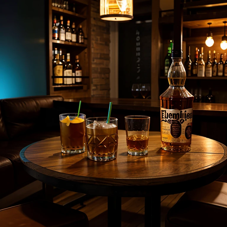a table with drinks, whiskey, vodka, beer and elements to compose the scene
