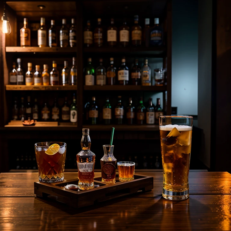 a table with drinks, whiskey, vodka, beer and elements to compose the scene