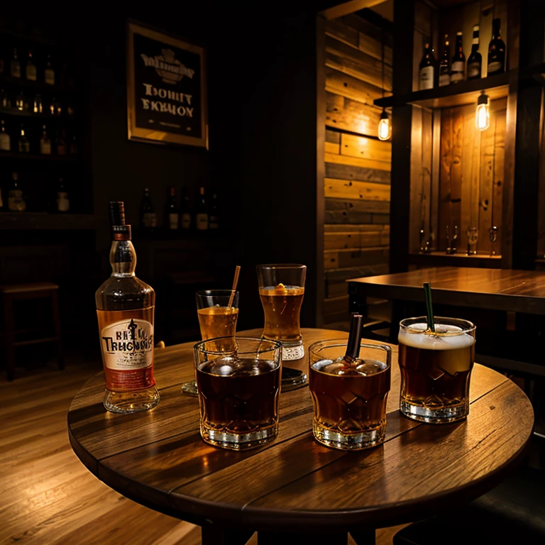 a table with drinks, whiskey, vodka, beer and elements to compose the scene