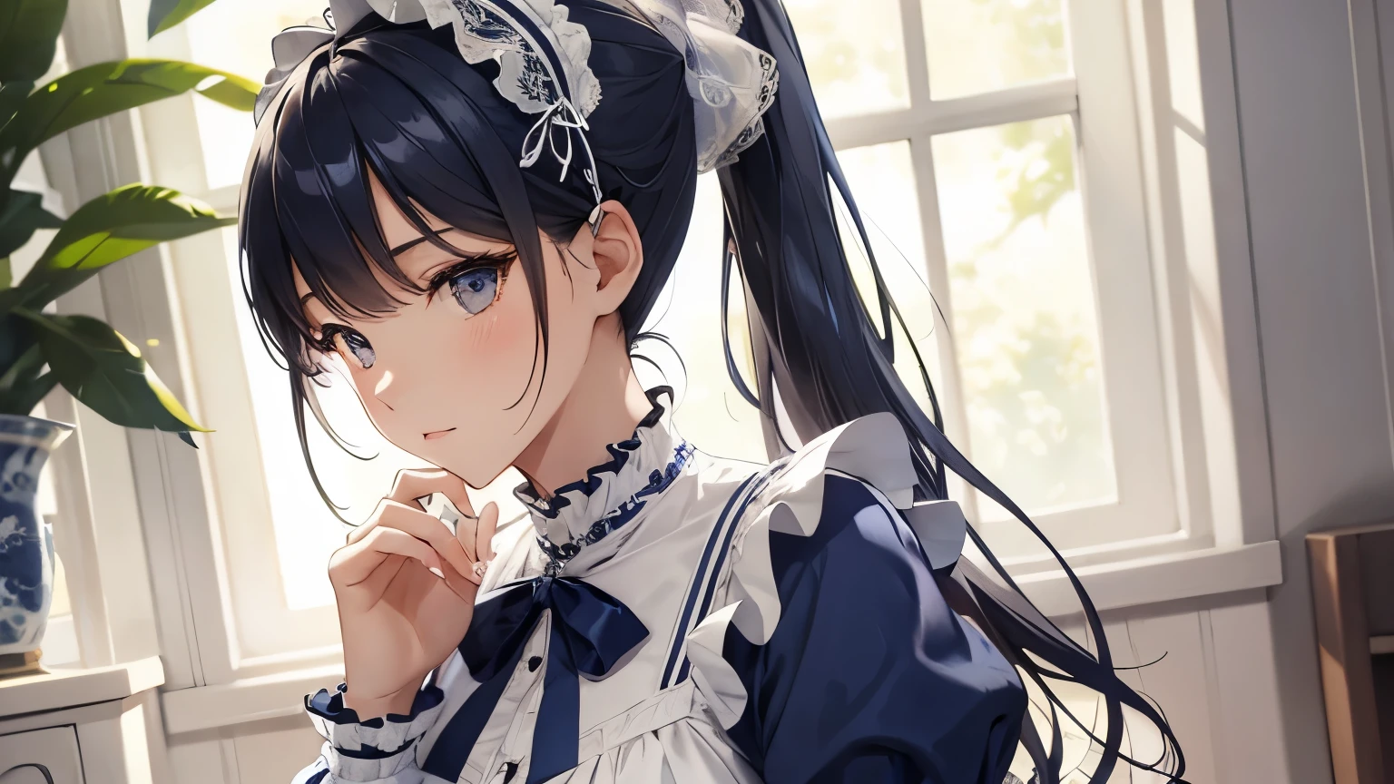 A beautiful woman wearing a navy blue and white sweet lolita dress with lots of frills and lace　Long sleeve　Silver ponytail with hair ornament　Upper Body　Big Breasts