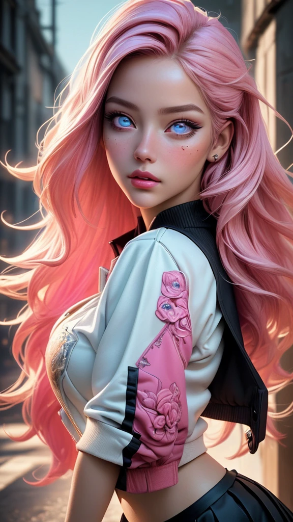 1girl,hips up,long pink hair,skirt,white shirt,varsity jacket,detailed face,beautiful detailed eyes,beautiful detailed lips,extremely detailed facial features,longeyelashes,hyper detailed,intricate details,high quality,masterpiece,vibrant colors,natural lighting,photorealistic,cinematic