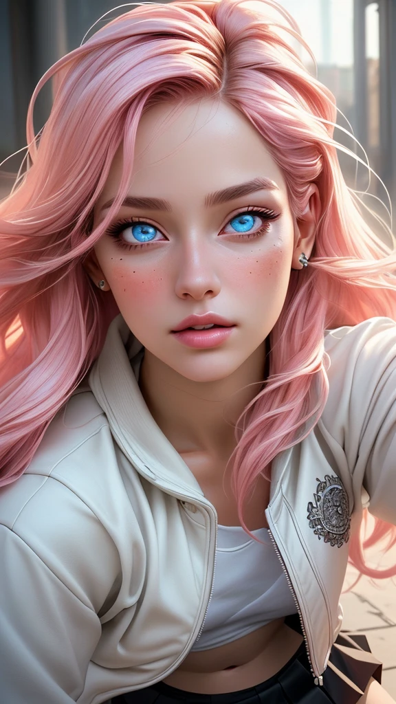 1girl,hips up,long pink hair,skirt,white shirt,varsity jacket,detailed face,beautiful detailed eyes,beautiful detailed lips,extremely detailed facial features,longeyelashes,hyper detailed,intricate details,high quality,masterpiece,vibrant colors,natural lighting,photorealistic,cinematic