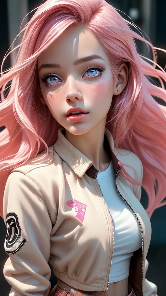 1girl,hips up,long pink hair,skirt,white shirt,varsity jacket,detailed face,beautiful detailed eyes,beautiful detailed lips,extremely detailed facial features,longeyelashes,hyper detailed,intricate details,high quality,masterpiece,vibrant colors,natural lighting,photorealistic,cinematic