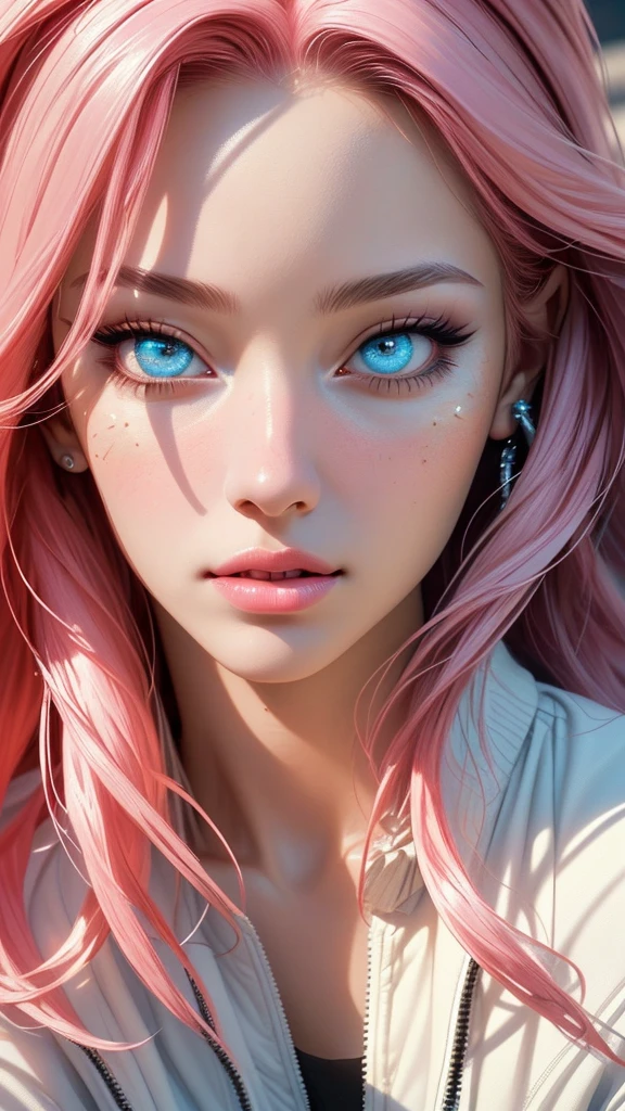 1girl,hips up,long pink hair,skirt,white shirt,varsity jacket,detailed face,beautiful detailed eyes,beautiful detailed lips,extremely detailed facial features,longeyelashes,hyper detailed,intricate details,high quality,masterpiece,vibrant colors,natural lighting,photorealistic,cinematic