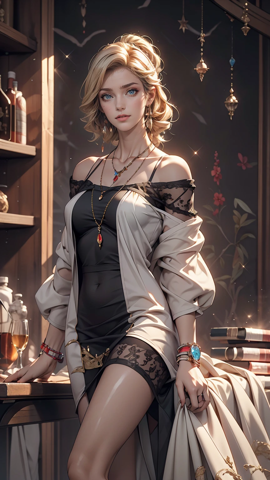 (8K, RAW Photos, highest quality, masterpiece:1.2), (Realistic, photo-Realistic:1.37)、Venus Body、Having her hair done、My chest is popping out、Wear accessories on your wrist、Wearing accessories on the ankle、smile、White woman、Platinum Blonde、blue eyes、Two Side Up((hair two side up))、Wear a sheer off-the-shoulder dress、Wear mules、smile