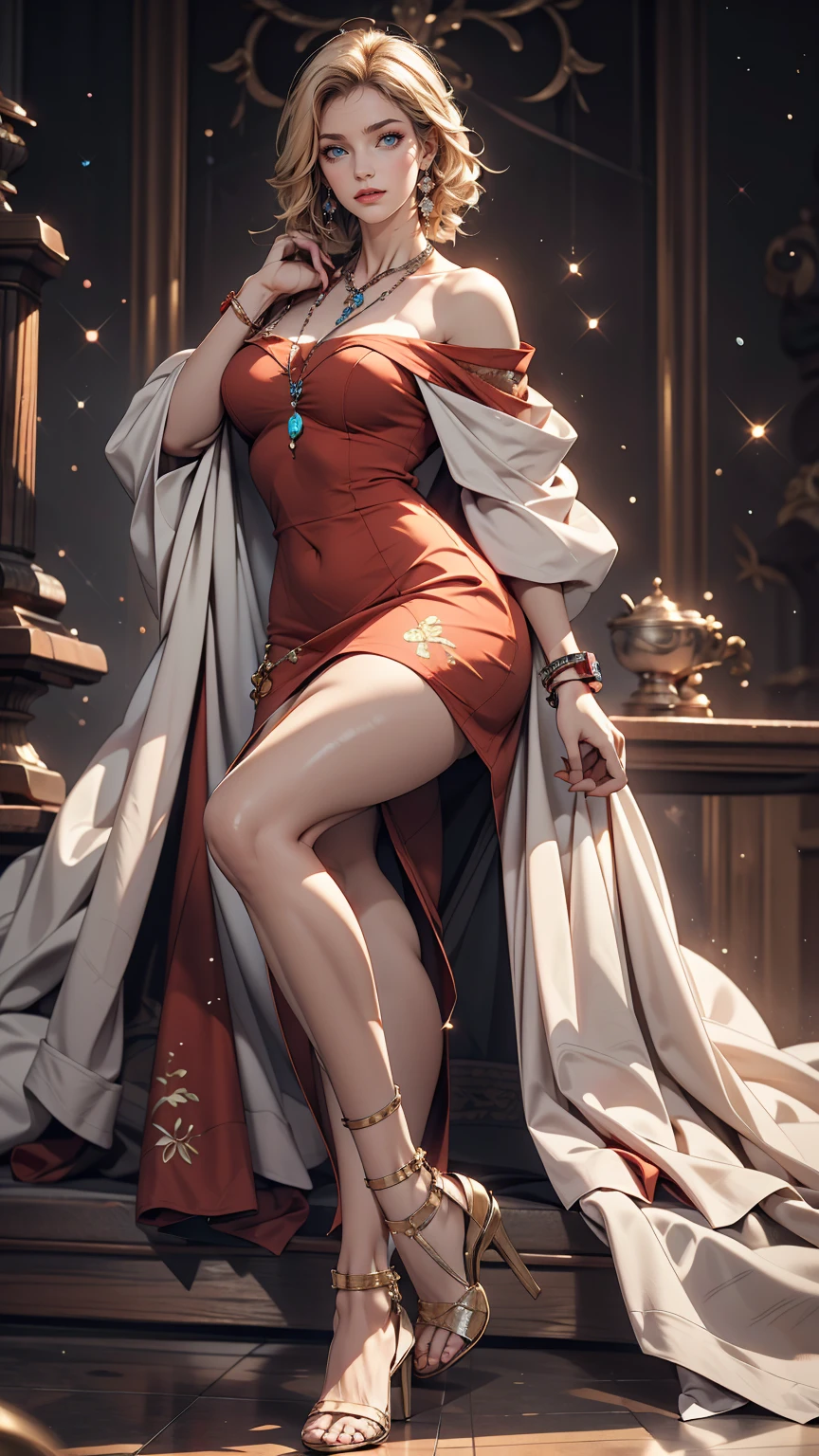 (8K, RAW Photos, highest quality, masterpiece:1.2), (Realistic, photo-Realistic:1.37)、Venus Body、Having her hair done、My chest is popping out、Wear accessories on your wrist、Wearing accessories on the ankle、smile、White woman、Platinum Blonde、blue eyes、Two Side Up((hair two side up))、Wear a sheer off-the-shoulder dress、Wear mules、smile