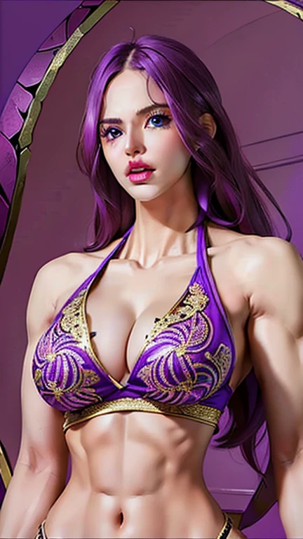 Hyper-realistic 8K CG, (((Ultra detailed background, Exquisite patterns, Intricate details, Very detailed, fine details))), best quality, (lifelike:1.4),Scary lights, (((Large Breasts, Thick girl))), 1 mutant girl, Solitary, long hair, Purple long hair, ((Thick girl, Large Breasts, Ultra-thin lips, Purple mouth)), Purple lips, (((thigh,Front full body ,Ten Pack Abs,Purple Bikini, Purple Eyes))),(((Bodybuilder:1.5)))(((Super Beauty)))