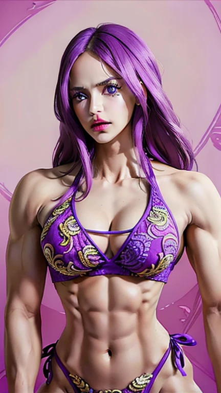 Hyper-realistic 8K CG, (((Ultra detailed background, Exquisite patterns, Intricate details, Very detailed, fine details))), best quality, (lifelike:1.4),Scary lights, (((Large Breasts, Thick girl))), 1 mutant girl, Solitary, long hair, Purple long hair, ((Thick girl, Large Breasts, Ultra-thin lips, Purple mouth)), Purple lips, (((thigh,Front full body ,Ten Pack Abs,Purple Bikini, Purple Eyes))),(((Bodybuilder:1.5)))(((Super Beauty)))