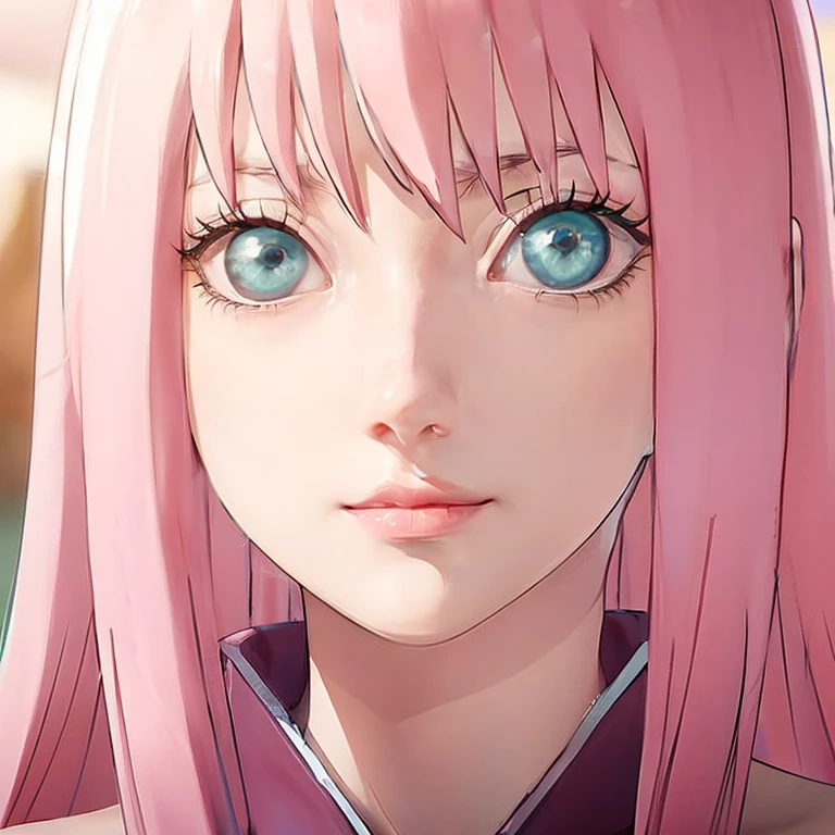 young woman, short shoulder-length pink hair, wide forehead, porcelain skin, pink eyebrows, big emerald green eyes, buttoned nose, full lips, heart-shaped face, slender body, small breasts, red tank top, Sakura Haruno , realistic, realism, details, 3d, well detailed