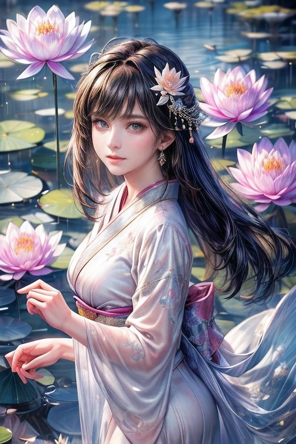 multiple exposure, masterpiece:1.2, highest quality, 16k, highres, ultra-realistic, photorealistic:1.37, beautiful detailed:1.2, cute girl, walking in a water lilies pond side,jet black long straight hair, blunt bangs, pond(colorful water lilies, full of water lilies), beautiful delicate elegant kimono with a water lilies motif, Beautiful and elegant pose, gently smile, beautiful delicate(hair, face, long eyelash, eyes, pupils, lips, kimono, water lilies, pond), sparkling eyes, shining rosy lips, blushed cheek, through bangs