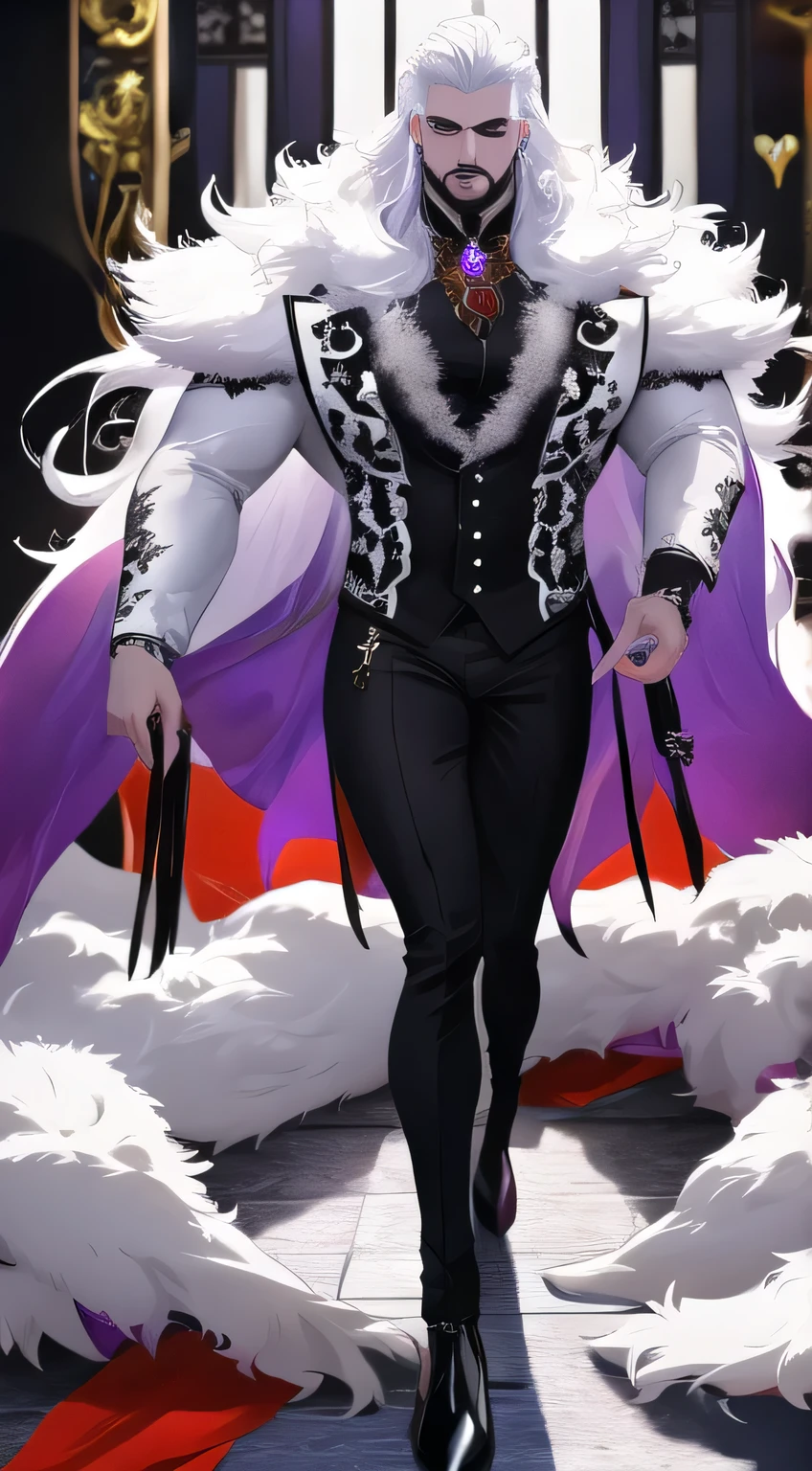 masterpiece, highest quality, ethereal,1guy, solo, devil,  two-toned black and white hair, venom eyes, porcelain skin, long hair, wearing white fur coat animal print, black tight pants, luxury red room, jewelry, depth of field, cinematic lighting, muscular,  colored lights purple , vampire 