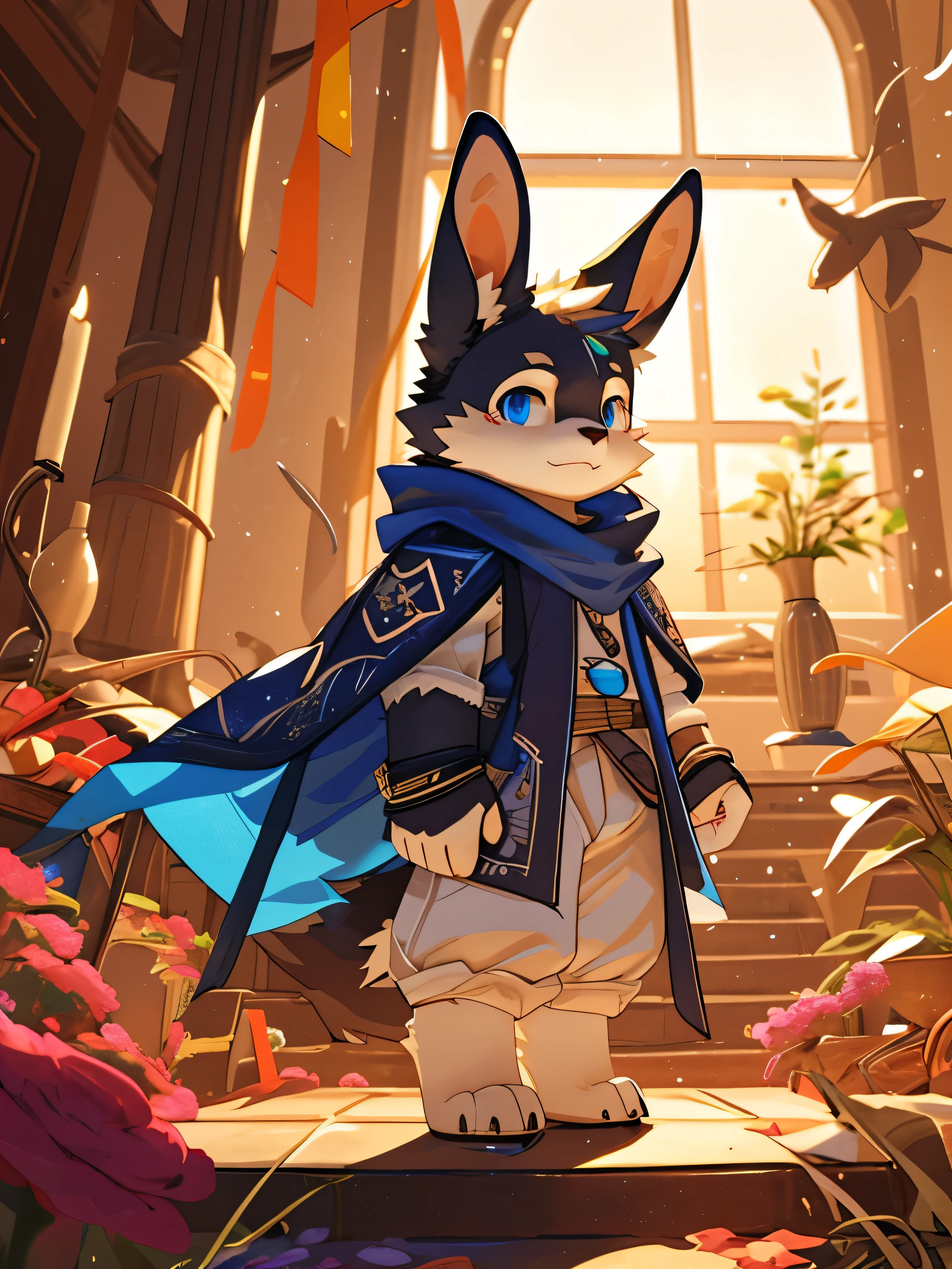 nj5furry,kemono,full-length portrait,anthro,hi res,juvenile,male,White Cape,Gold texture,rabbit,Fluffy hair,White plush paw,Blue eyes,Delicate eyes,Detailed eyes,Extremely high detail,8K HD characters,optimism,(particle, Scattered letters, sunlight): 1.3