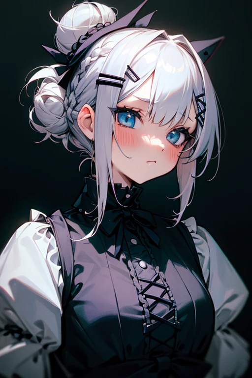 Short white hair, blush, Gothic Lolita、Punk Fashion、Headbang 2.、Blue and black clothes、Braiding、2 hair clips、Hair tied in a bun、