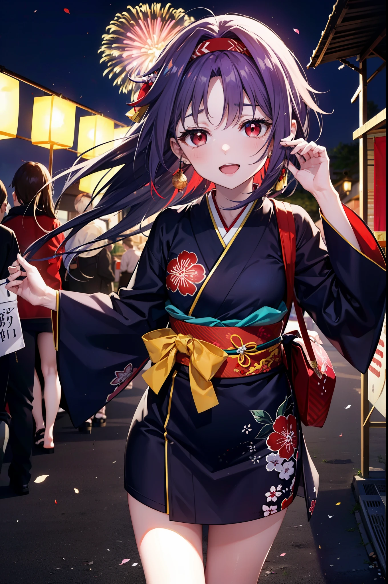 yuukikonno, Konno Yuuki, hair band, Long Hair, Pointed Ears, Purple Hair, (Red eyes:1.5), (Small breasts:1.2), Open your mouth,Open your mouth,Long Hair,happy smile, smile, Open your mouth,Purple Kimono,Long sleeve,Sandals,night空の花火,Fireworks display,Japanese Festivals,Summer festival food stalls,Red Lantern, night,whole bodyがイラストに入るように,Looking down from above,
break outdoors, shrine,                                              break looking at viewer,whole body,(Cowboy Shot:1. 5)
break (masterpiece:1.2), highest quality, High resolution, unity 8k wallpaper, (shape:0.8), (Beautiful and beautiful eyes:1.6), Highly detailed face, Perfect lighting, Highly detailed CG, (Perfect hands, Perfect Anatomy),