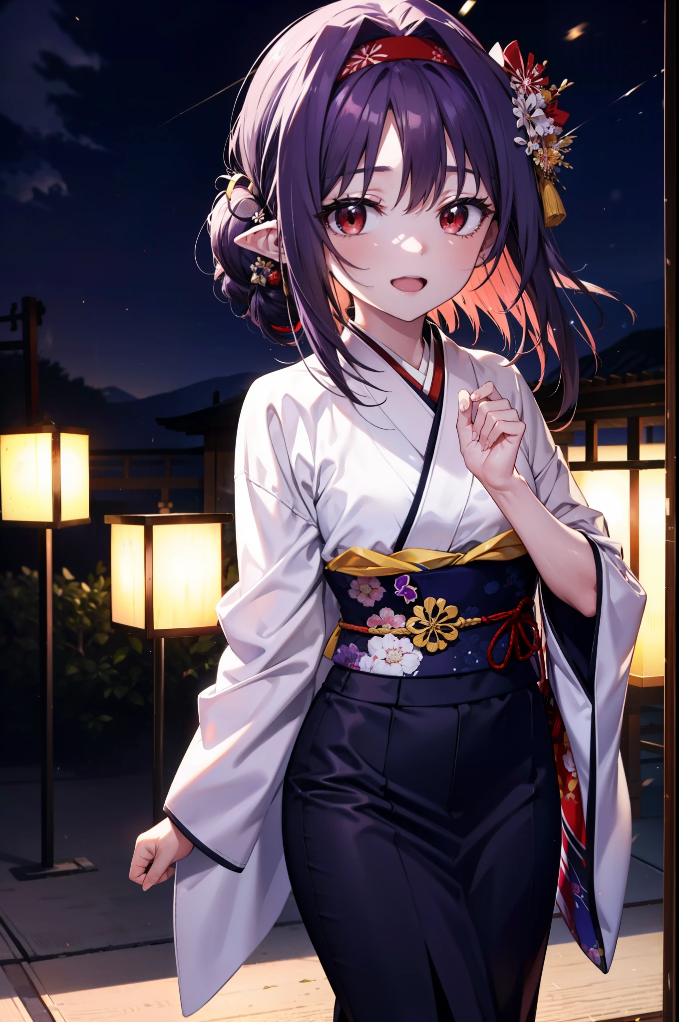 yuukikonno, Konno Yuuki, hair band, Long Hair, Pointed Ears, Purple Hair, (Red eyes:1.5), (Small breasts:1.2), Open your mouth,Open your mouth,Long Hair,happy smile, smile, Open your mouth,Purple Kimono,Long sleeve,Sandals,night空の花火,Fireworks display,Japanese Festivals,Summer festival food stalls,Red Lantern, night,whole bodyがイラストに入るように,Looking down from above,
break outdoors, shrine,                                              break looking at viewer,whole body,(Cowboy Shot:1. 5)
break (masterpiece:1.2), highest quality, High resolution, unity 8k wallpaper, (shape:0.8), (Beautiful and beautiful eyes:1.6), Highly detailed face, Perfect lighting, Highly detailed CG, (Perfect hands, Perfect Anatomy),