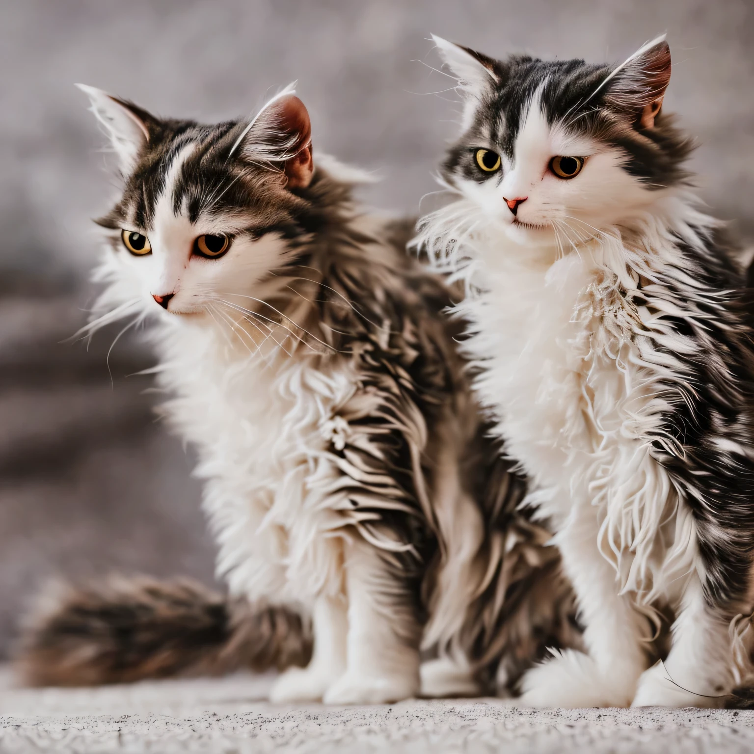 A cute cat with large, expressive eyes sitting on a cozy blanket. The cat has soft, fluffy fur with a mix of white and light brown patches. The background is a comfortable living room with warm lighting, featuring a couch and a coffee table with a small plant.