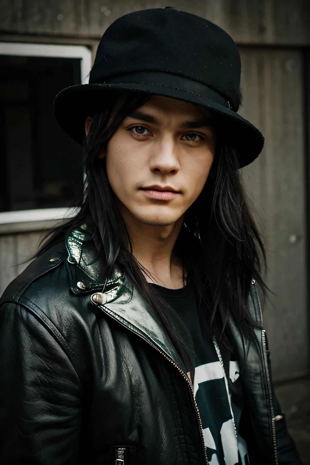 rock singer, black hair, green eyes, hat, name John Nobody