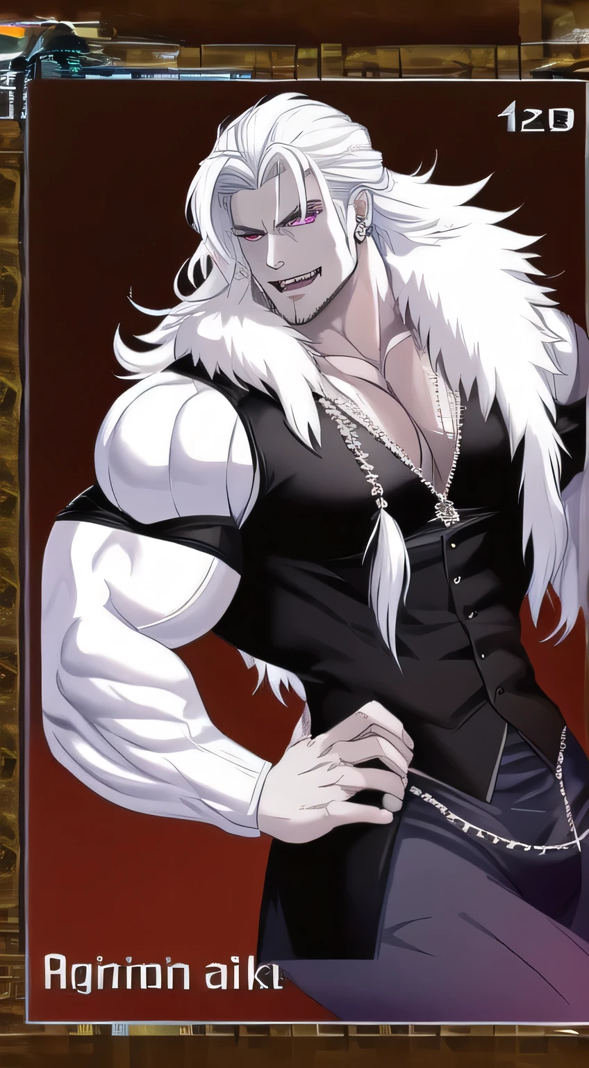 masterpiece, highest quality, ethereal,1guy, solo, devil, two-toned black and white hair, venom eyes, porcelain skin, long hair, wearing white fur coat animal print, black tight pants, luxury red room, jewelry, depth of field, cinematic lighting, muscular, colored lights purple , vampire, fangs
