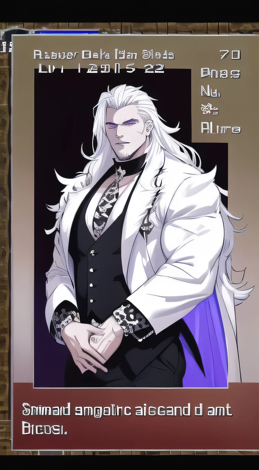 masterpiece, highest quality, ethereal,1guy, solo, devil,  two-toned black and white hair, venom eyes, porcelain skin, long hair, wearing white fur coat animal print, black tight pants, luxury red room, jewelry, depth of field, cinematic lighting, muscular,  colored lights purple , vampire, fangs