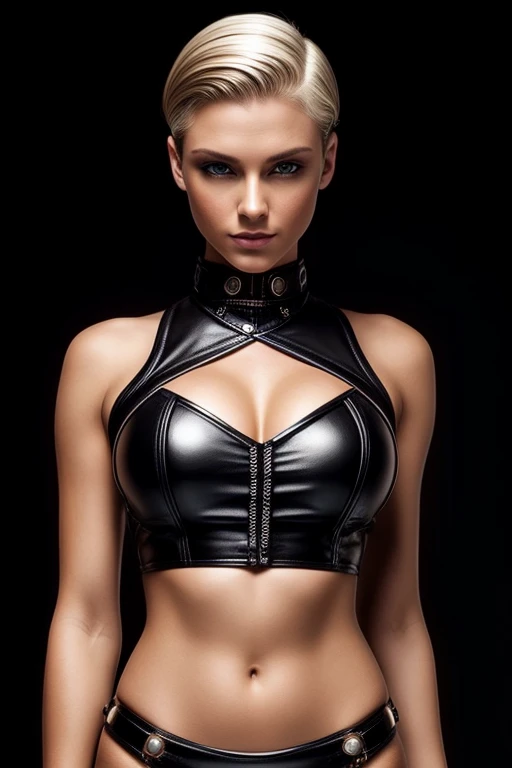 Gorgeous european steampunk woman with very short straight hair, short hair, wet hair, hair slicked back, combed straight back, slick hair, black to blonde gradient mixed hair, wearing a leather bikini, solid dark black background