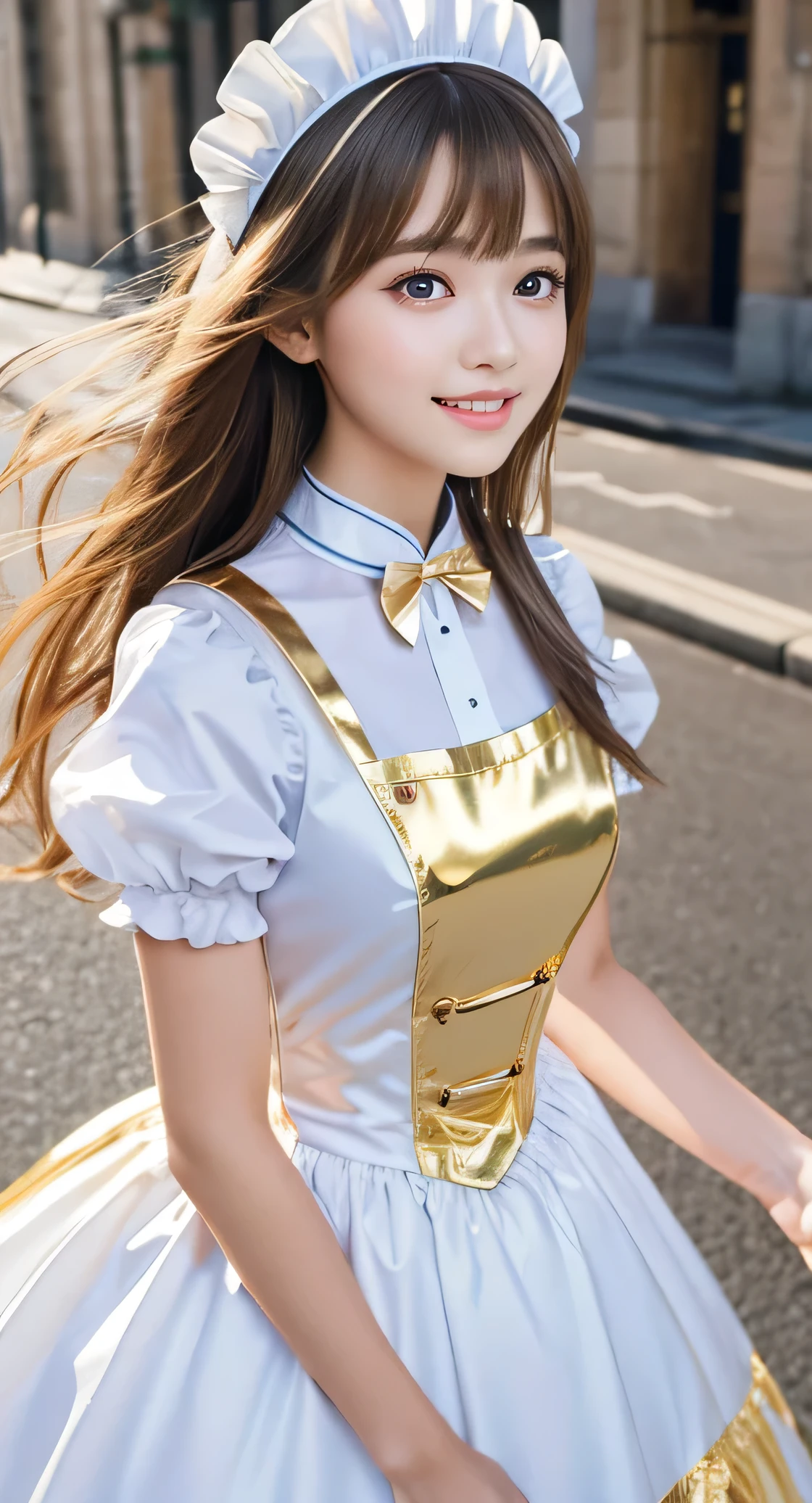 Angelic very beautiful cute young girl,
Beautiful detailed eyes, (5 yo:1.2),
Detailed double eyelids,
(Soft Saturation: 1.3),
(Fair skin: 1.3),v-line jaw,
(Large eyes:1.4),
Long straight brown hair,
see-through bangs,
Sharp Focus,
beautiful detailed face and eyes,
drooping eyes,
small straight nose,
small mouth,
happy smiling with visible teeth, 85mm lens, F/8.0,BREAK (Super shiny white and metallic gold maid costume :1.3),Walking,Brown hair ,(Costumes with strong reflective surfaces:1.3),
(Best Quality:1.2),(Maid costume:1.5),
Raw photo,
High resolution,
perfect detail,
Professional Photography,
Professional Lighting,
Powerful lighting of the costume,In the street