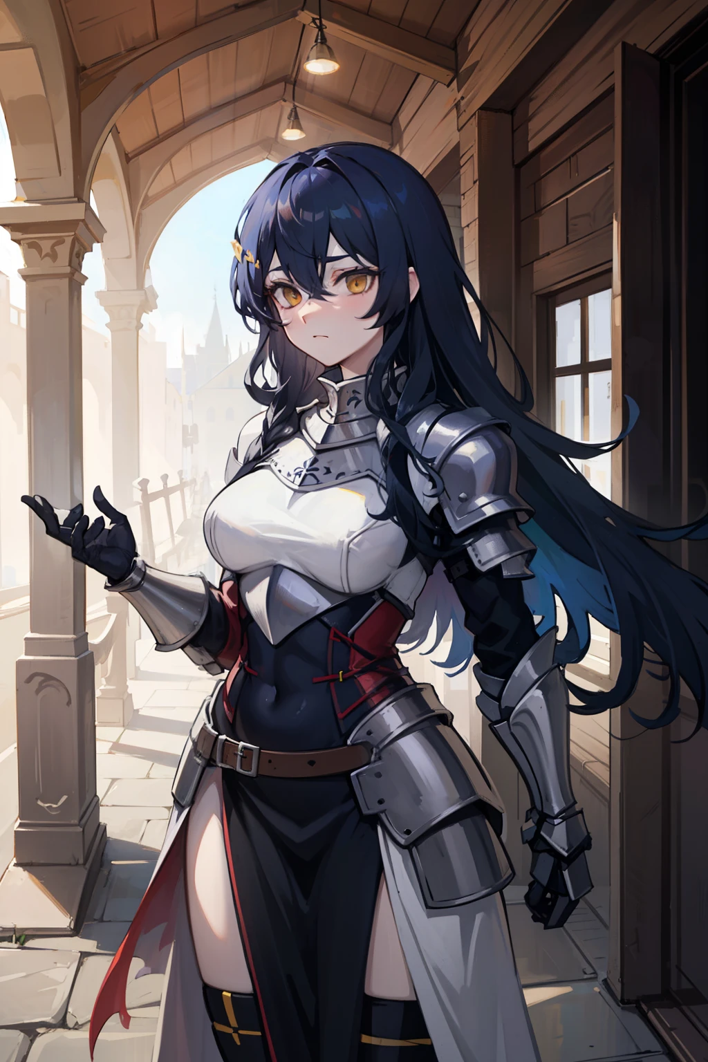 extremely long hair messy hair wavy hair hair between the eyes black hair yellow eyes pale skin upset muscular girl muscular girl muscular girl medieval armor, medieval clothes, light armor, high fantasy armor, armor