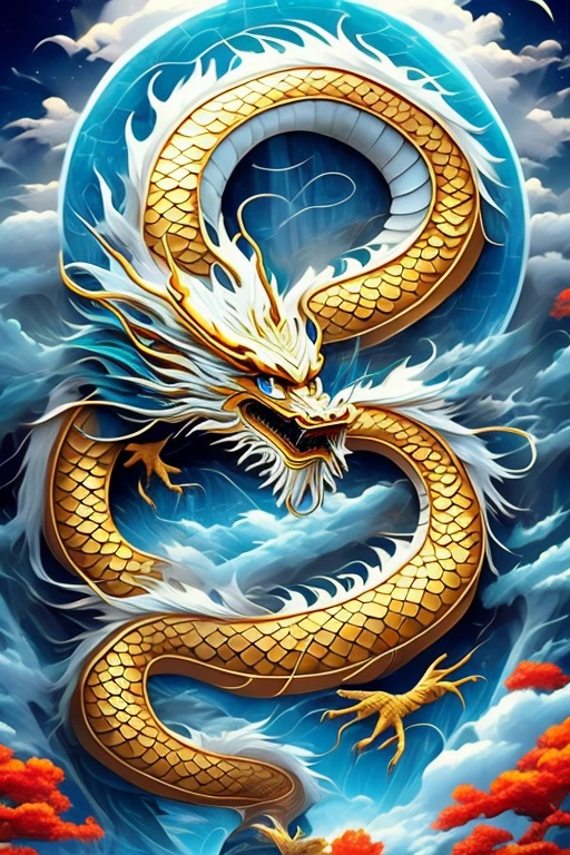 So sublime and divine々A beautiful golden dragon floats in the center of the screen, glaring at the camera.。金色のThe dragon is幸せをもたらす神なのでとても有難い存在である。The surrounding area is a canyon where no one can get close, and lightning is flashing in the background.、The sun is shining brightly。The dragon is、I want a realistic image。