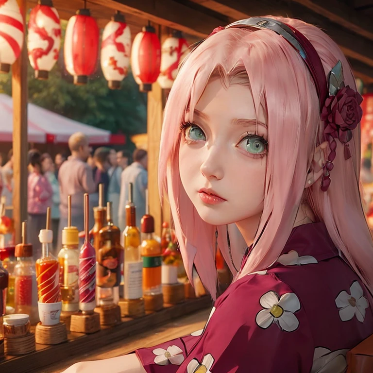 young woman, short shoulder-length pink hair, wide forehead, porcelain skin, pink eyebrows, big emerald green eyes, oned nose, full lips, heart-shaped face, slender body, small bread tank top, Sakura Haruno , realistic, realism, details, 3d, well detailed