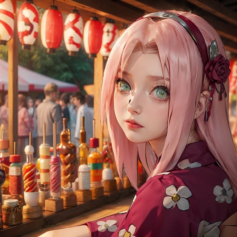 young woman, short shoulder-length pink hair, wide forehead, porcelain skin, pink eyebrows, big emerald green eyes, buttoned nose, full lips, heart-shaped face, slender body, small breasts, red tank top, Sakura Haruno , realistic, realism, details, 3d, well detailed
