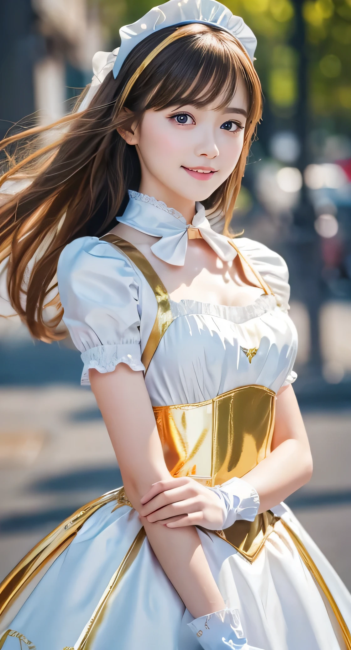 Angelic very beautiful cute young girl,
Beautiful detailed eyes, (5 yo:1.2),
Detailed double eyelids,
(Soft Saturation: 1.3),
(Fair skin: 1.3),v-line jaw,
(Large eyes:1.4),
Long straight brown hair,
see-through bangs,
Sharp Focus,
beautiful detailed face and eyes,
drooping eyes,
small straight nose,
small mouth,
happy smiling with visible teeth, 85mm lens, F/8.0,BREAK (Super shiny white and metallic gold maid costume :1.3),Walking,Brown hair ,(Costumes with strong reflective surfaces:1.3),
(Best Quality:1.2),(Maid costume:1.5),
Raw photo,
High resolution,
perfect detail,
Professional Photography,
Professional Lighting,
Powerful lighting of the costume,In the street