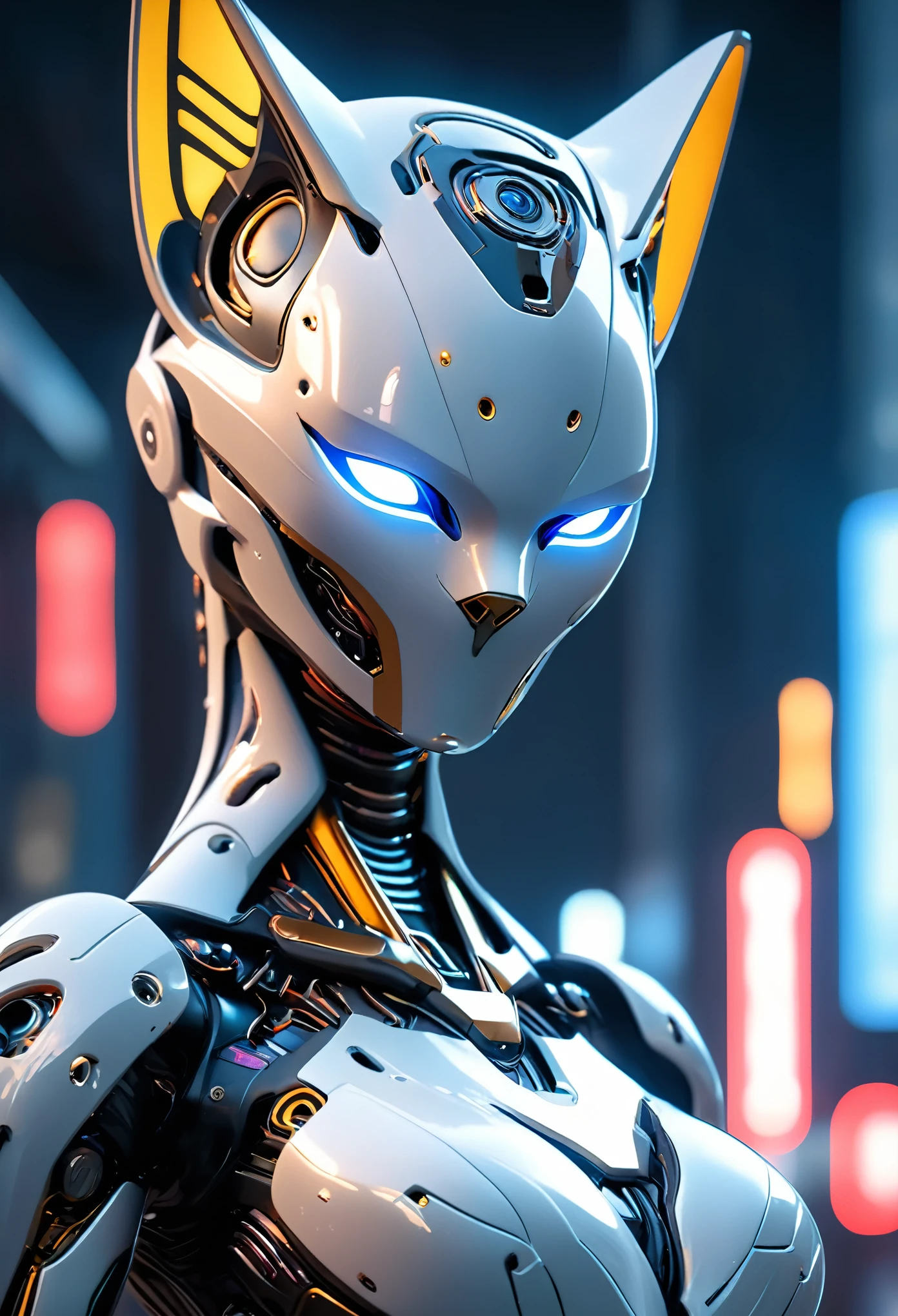 (best quality,4k,8k,highres,masterpiece:1.2),ultra-detailed,(realistic,photorealistic,photo-realistic:1.37), a beautiful android girl with cat eyes, 1girl, detailed face, detailed eyes, detailed lips, long eyelashes, porcelain skin, mecha, futuristic, cyberpunk, neon city, glowing cybernetic implants, iridescent, highly detailed, cinematic lighting, octane render, 8k, photorealistic