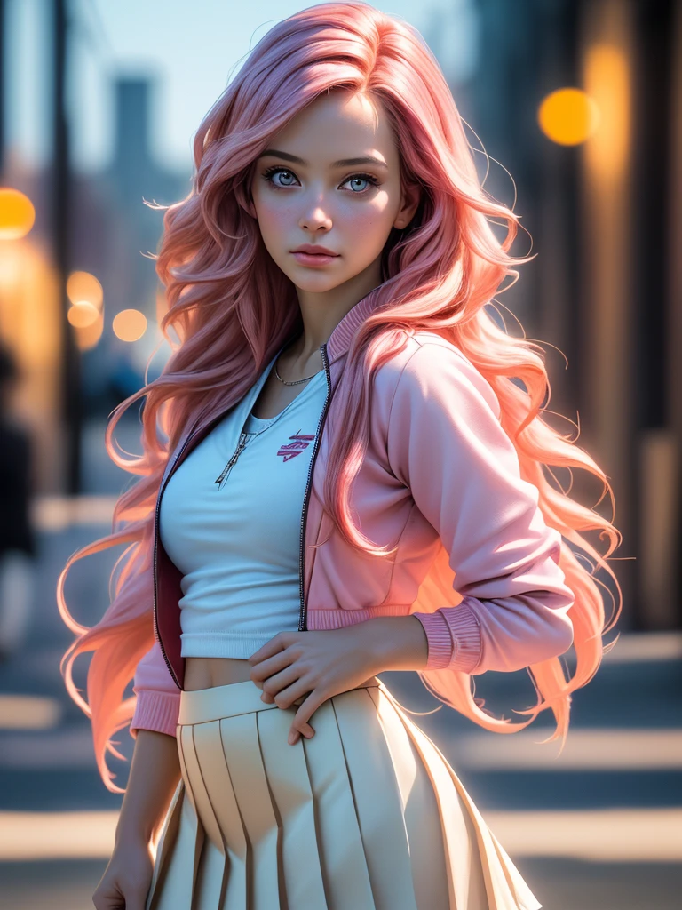 1girl, detailed face, long pink hair, white shirt, varsity jacket, skirt, hips up, raw photo, best quality, 4k, 8k, highres, masterpiece:1.2, ultra-detailed, realistic, photorealistic, photo-realistic:1.37, HDR, UHD, studio lighting, vivid colors, bokeh, portraits