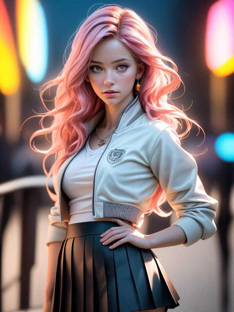 1girl, detailed face, long pink hair, white shirt, varsity jacket, skirt, hips up, raw photo, best quality, 4k, 8k, highres, masterpiece:1.2, ultra-detailed, realistic, photorealistic, photo-realistic:1.37, HDR, UHD, studio lighting, vivid colors, bokeh, portraits