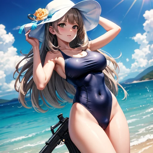 Wearing a swimsuit　Holding a gun