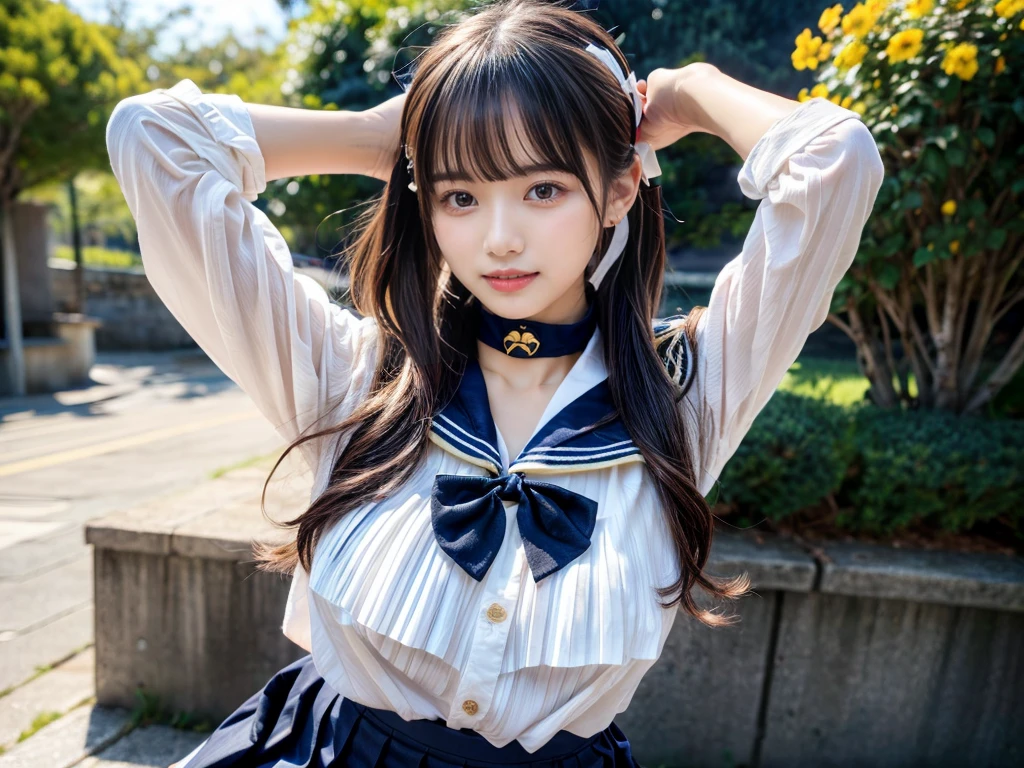 (((very heavy chest))),NSFW, 16k raw photos, highest quality, masterpiece, ultra high resolution, ((She is wearing Beautiful exposed redShe is wearing (a high school sailor uniform).
(navy sailor collar:1.4),(white shirt:1.4),(navy pleats skirt:1.4),(navy bow:1.4))).movie, ((2 girls, , 2 schoolgirls)),((attractive expression)),eyes shine、 looking at the viewer, natural skin texture very heavy chest))),((( metal black ribbon around the neck))).star handle mold、((yellow eyes)),Realistic eye and face details, lip whole, lipstick makeup), fluffy ponytail hair, laughter, Beautiful feet, tall woman, ((glowing skin)),((Beautiful armpit)), slim_feet, huge breasts, cleavage, beautiful natural places, beautiful flower garden、(detailed background,highly exposed, huge breasts, blurred background,, JK ribbon on the neck, jk ribbon, golden hair, bracelet, water, bangs, split your lips、armpit、beautiful hip line、glowing skin、(((eyes shine brightly))),lotion skin、High leg、((black hair)),highly exposed、Skimpy pink luxury fur coat、beautiful sea background、wind effect、