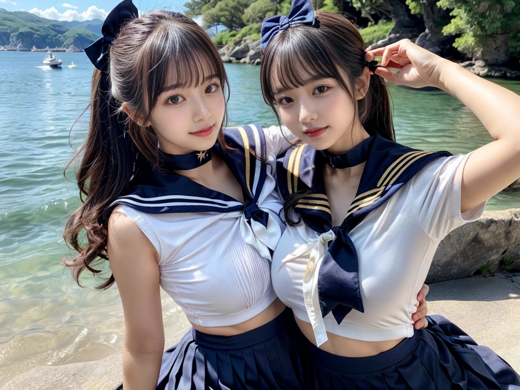 (((very heavy chest))),NSFW, 16k raw photos, highest quality, masterpiece, ultra high resolution, ((She is wearing Beautiful exposed redShe is wearing (a high school sailor uniform).
(navy sailor collar:1.4),(white shirt:1.4),(navy pleats skirt:1.4),(navy bow:1.4))).movie, ((2 girls, , 2 schoolgirls)),((attractive expression)),eyes shine、 looking at the viewer, natural skin texture very heavy chest))),((( metal black ribbon around the neck))).star handle mold、((yellow eyes)),Realistic eye and face details, lip whole, lipstick makeup), fluffy ponytail hair, laughter, Beautiful feet, tall woman, ((glowing skin)),((Beautiful armpit)), slim_feet, huge breasts, cleavage, beautiful natural places, beautiful flower garden、(detailed background,highly exposed, huge breasts, blurred background,, JK ribbon on the neck, jk ribbon, golden hair, bracelet, water, bangs, split your lips、armpit、beautiful hip line、glowing skin、(((eyes shine brightly))),lotion skin、High leg、((black hair)),highly exposed、Skimpy pink luxury fur coat、beautiful sea background、wind effect、